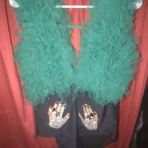Women’s Green Feather-Trim One Piece Swimsuit with Embellished Hands